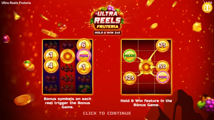 Ultra Reels Fruteria - upphafsvalmynd og ræsingarhnappur